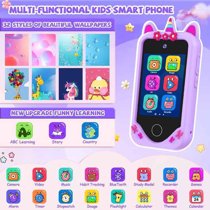 Yosfeng Kids Smart Phone for Girls Gifts - Toddler Christmas Birthday Gift for Age 3 4 5 6 Year Old, Kids Cell Phone Toy with Touchscreen, Dual Cameras, Learning, Kid Mp3 Player, Games with 32 GB Card - Image 2